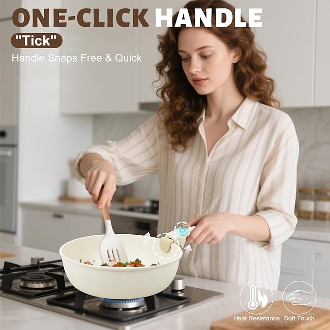 Numola 10 pcs Pots and Pan Set Non Stick with Detachable Handle, Ceramic Cookware Set for Stackable, Induction Kitchen Cookware Set for RV, Dishwasher ＆ Oven Safe, Cream White