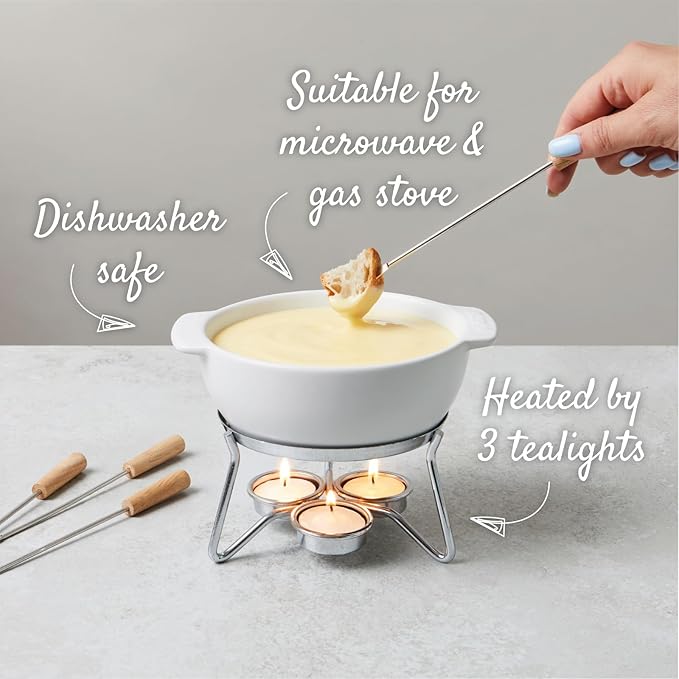 Boska Cheese Fondue Party Set - Fondue Pot Set Microwave Safe Ceramic Hot Pot Chocolate Fountain Snack - Wedding Registry Items Small Kitchen Appliances for up to 4 Persons