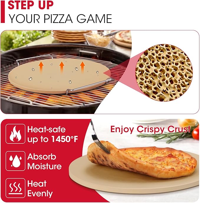 Unicook 15 Inch Round Pizza Stone for Oven and Grill, Oven Baking Stone for Bread, Cordierite Pizza Pan for Baking Crispy Bread, Pie and Cookies, Includes Carry Rack and Dough Scraper