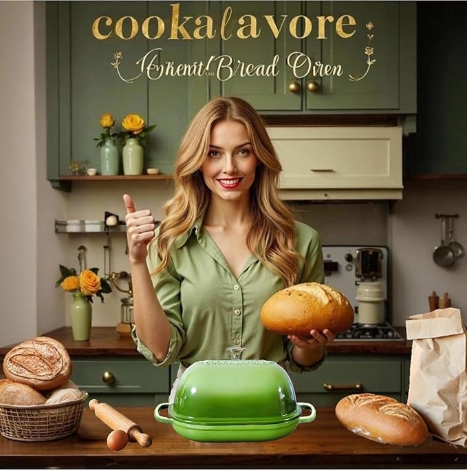 Cast Iron Bread Oven,6 QT Bread Oven,Thick Enameled Loaf Pan with Lid,Bread Pans for Homemade Bread,14.5"Dutch Oven for Bread Baking,Dutch Oven-with Silicone Baking Mat&Recipe,Gifts for Family,Green