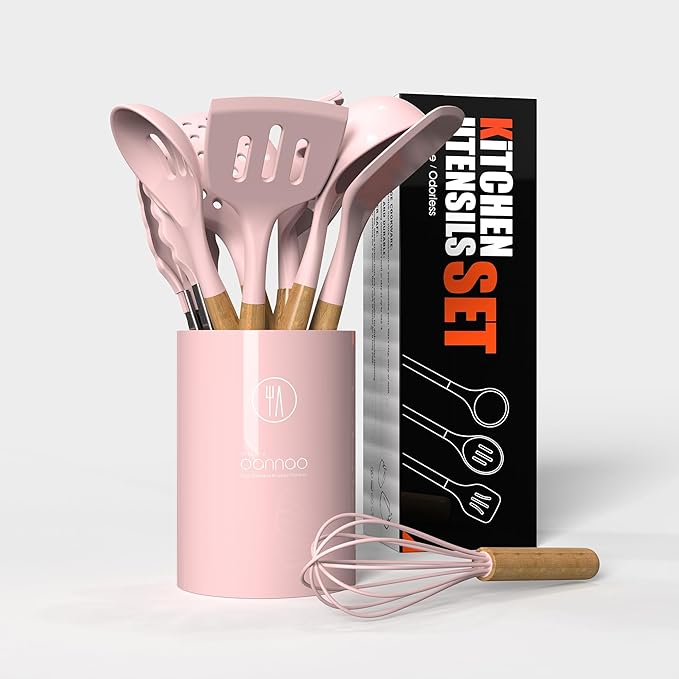 Silicone Kitchen Utensils Set - 446°F Heat Resistant Cooking Utensil Sets, Spatula,Turner,Tongs,Spoon,Brush,Whisk, Wooden Handle Silicone Kitchen Gadgets Tools for Non-Stick Cookware BPA Free (Pink)