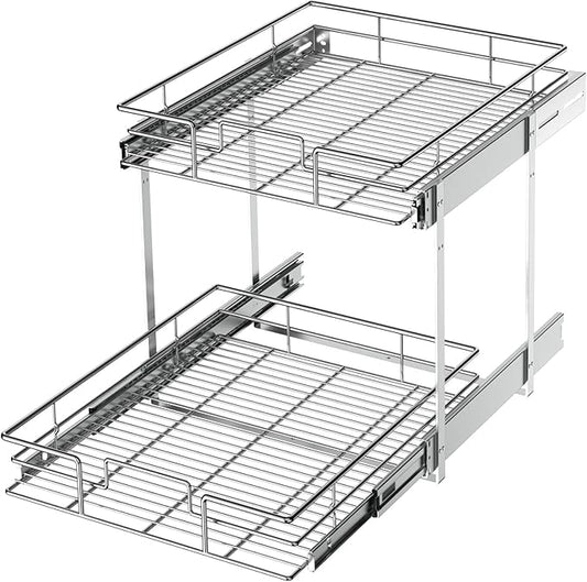 LOVMOR 2 Tier Individual Pull Out Cabinet Organizer 15½" W x 21½" D, Slide Out Kitchen Cabinet Storage Sliding Shelves