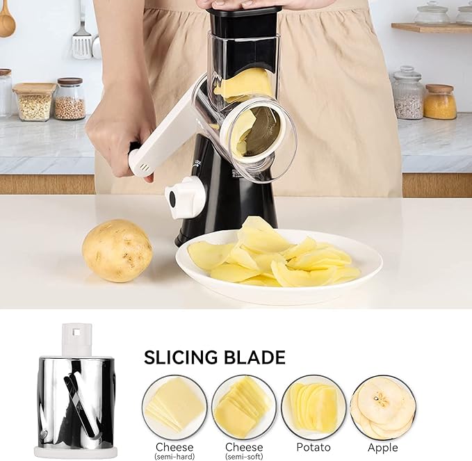 Rotary Cheese Grater Vegetable Shredder with Handle Round Kitchen Mandoline Slicer Grater for Nuts, Vegetable, Chocolate, Chesse - Black - 3 Replaceabe Stainless Steel Blades