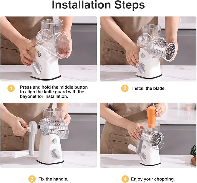 Rotary Cheese Grater Hand Crank, Kitchen Mandolin Vegetable Cheese Shredder with 3 Interchangeable Blades,Easy Clean Rotary Grater with Handle,Kitchen Grater Grinder for Cutting Cheese,Vegetable Nuts