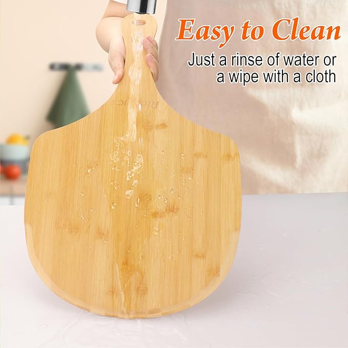 2 Pack Natural Bamboo Pizza Peel 14 inch, Wood Pizza Paddle, Cutting Board with Handle for Pizza, Bread, Cheese, Vegetable, Fruits