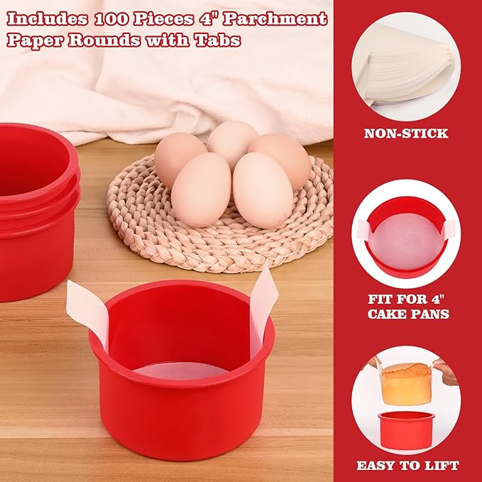 HUAKENER 4 Inch Cake Pan, 4 Pack Silicone Cake Molds with 100 Pieces Parchment Paper, Nonstick Round Cake Pan for Smash Cakes, Layer Cakes, Cheese Caks, Chocolate Cakes ﻿