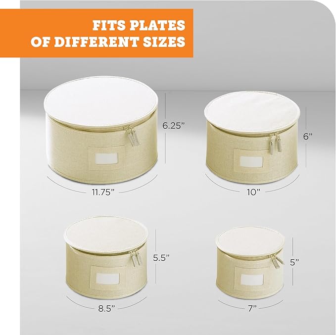 storageLAB China Storage Containers, Hard Shell Case with Felt Dividers for Charger Plates, and Dishes, Ideal for Kitchen Organization, Moving Supplies, and Fine China Storage - 4-Piece Set, Cream