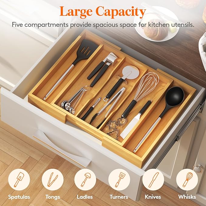 Lifewit Utensil Organizer for Kitchen Drawer, Expandable 13 to 22.4 Inches Wide, Adjustable Cooking Silverware Tray, Bamboo Cutlery Flatware Holder, Spatula Tools and Gadgets Storage Divider, Natural