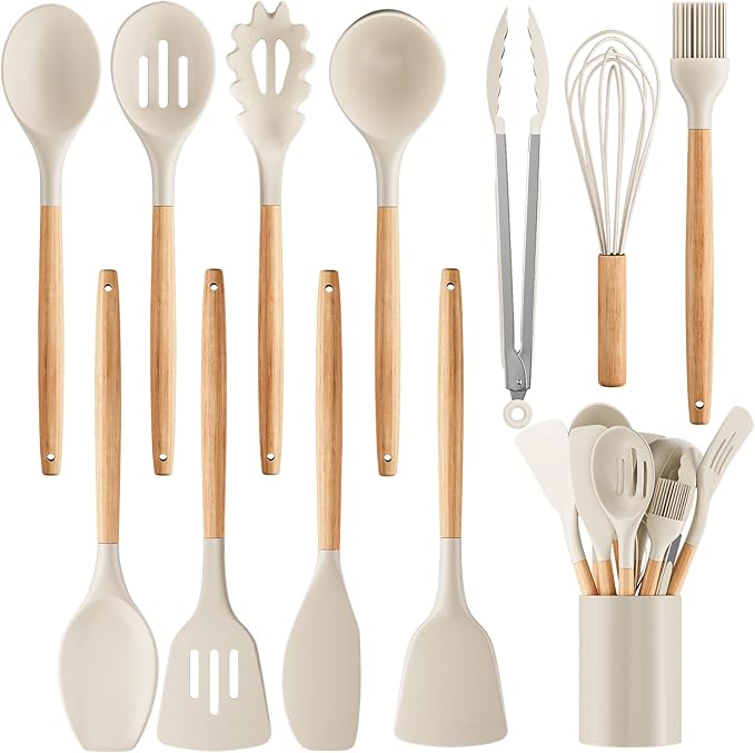 Silicone Cooking Utensil Set,12 PCS Cooking Cookware Kitchen Utensils Set for Cooking, Nonstick 446°F Heat-Resistant Cookware Kitchen Tools of Spoon,Brush,Whisk,Spatula,Turner Tongs (Khaki)