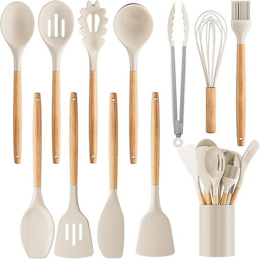 Silicone Cooking Utensil Set,12 PCS Cooking Cookware Kitchen Utensils Set for Cooking, Nonstick 446°F Heat-Resistant Cookware Kitchen Tools of Spoon,Brush,Whisk,Spatula,Turner Tongs (Khaki)