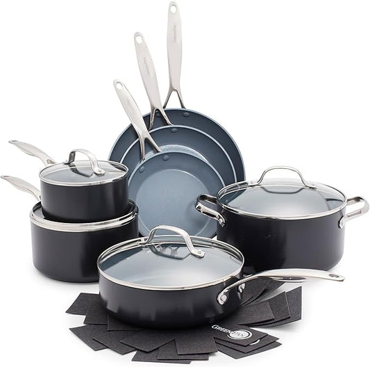 GreenPan 11 Piece Valencia Pro Ceramic Nonstick Cookware Set, PFAS-Free, Induction Ready, Hard Anodized Pots & Pans with Lids, Compatible on All Cooktops, Dishwasher & Oven Safe, Gray