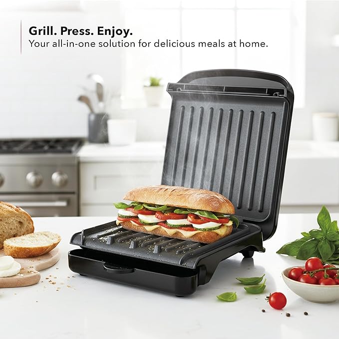 OVENTE 2-Serving Electric Indoor Grill & Panini Press with Easy Clean Non-Stick Plate Coating, Opens 180 Degrees, 8.15" x 7.4" Space Saving Design, 750W Contact Grill for Burgers & More, Black GP222B