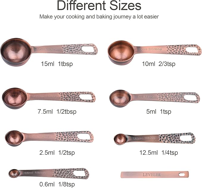 Copper Measuring Cups and Spoons Set - Stainless Steel 6 Cups, 7 Spoons, 1 Leveler, 2 Locking Rings - Kitchen Tool