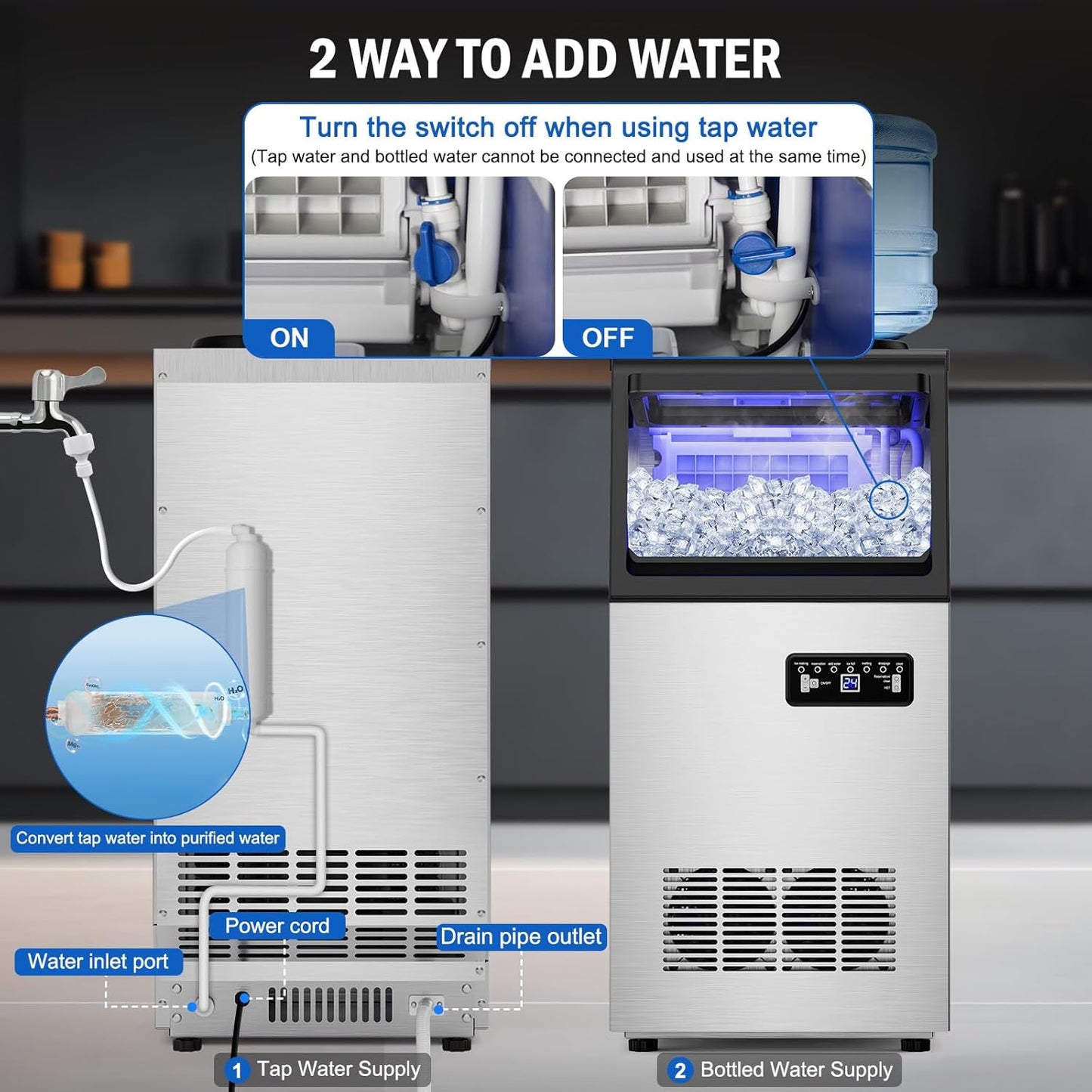 Commercial Ice Maker Machine 130 LBS/24H, 45 Ice Trays Freestanding & Undercounter Ice Machine Stainless Steel with 20 LBS Ice Storage Capacity, Ice Maker with Water Line and Filter, Dual Water Inlet