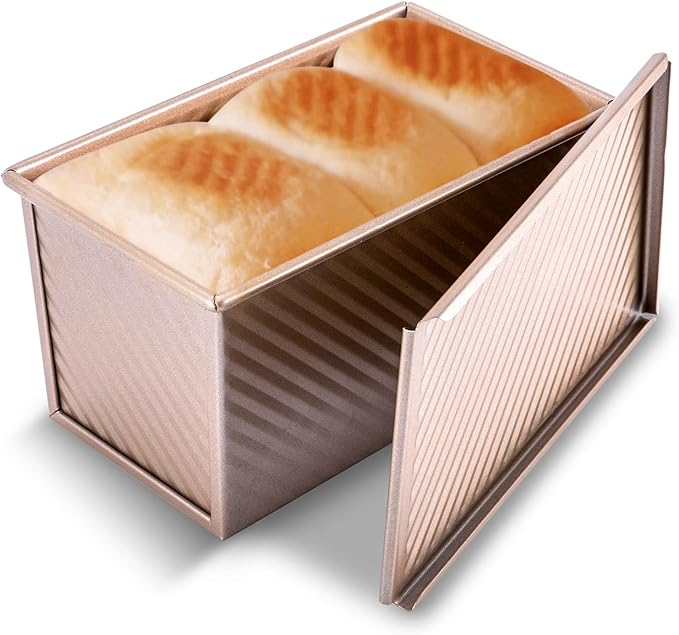 KITESSENSU Pullman Loaf Pan with Lid, 1 lb Dough Capacity Non-Stick Bakeware for Baking Bread, Carbon Steel Corrugated Bread Toast Box Mold with Cover for Baking Bread, Gold
