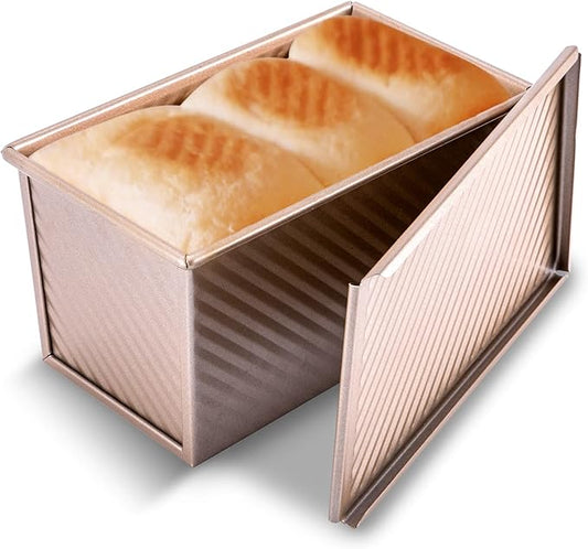 KITESSENSU Pullman Loaf Pan with Lid, 1 lb Dough Capacity Non-Stick Bakeware for Baking Bread, Carbon Steel Corrugated Bread Toast Box Mold with Cover for Baking Bread, Gold