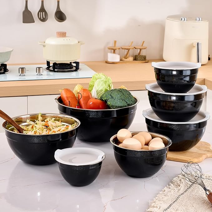 Black Mixing Bowls with Airtight Lids, Stainless Steel Nesting Mixing Bowls Set of 7, Ideal for Baking, Prepping and Serving Food, Size 7, 3.6, 2.7, 2.1, 1.5, 1.1,0.8 QT, Stackable Design