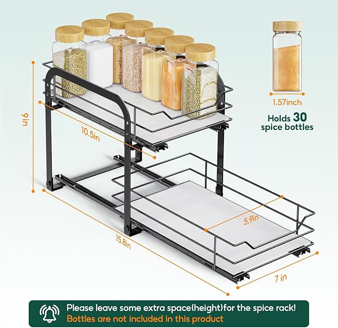 Spice Rack Organizer for Cabinet - 2-Tier Vertical Pull Out Spice Rack, Heavy Duty Metal Spice Shelf with Easy to Install Design, Fits Countertop, Cabinet & Pantry(7" W×10.5" D×9" H, Black)