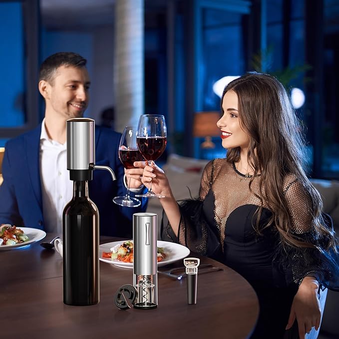Rechargeable Electric Wine Opener Set, 4-in-1 Gift for Wine Lovers with Automatic Corkscrew, Aerator Pourer, Vacuum Stoppers & Foil Cutter, Ideal for Home Bar, Gifts for Women/Men