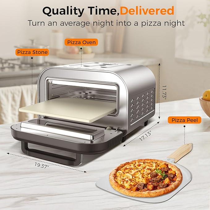 Pizza Oven Indoor, Makes 12 Inch Pizzas in 90s at 850°F, Countertop Electric Pizza Oven with Continuous Baking Without Reheating, Pizza Cooker with 6 Preset Modes, Pizza Stone & Peel Included