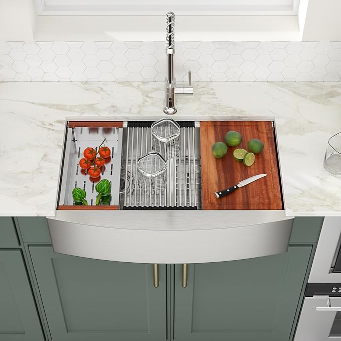 Logmey 33 Farmhouse Sink Double Bowl - 33x21 Inch Stainless Steel Apron Front Kitchen Sink Ledge Workstation Low Divide Double Bowl 50/50 16 Gauge Farm Kitchen Sinks