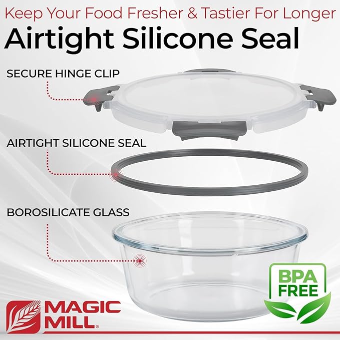 Magic Mill Premium Borosilicate Glass Food Storage Containers with lids Set | 24pc Sets with 12 Bowls & 12 Airtight Locking Lids for Lunch & Meal Prep, Safe for Oven, Freezer, Dishwasher, BPA-Free