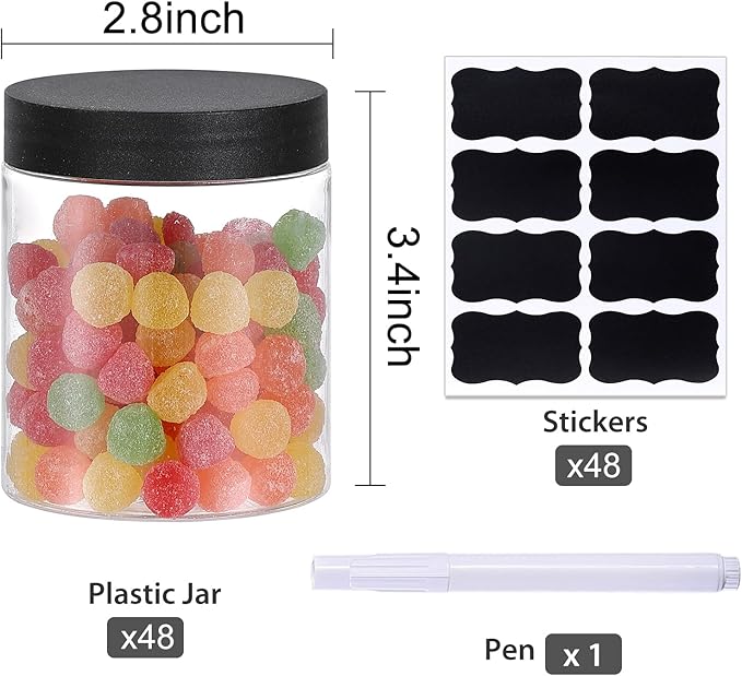 48PCS 8OZ Plastic Jars with Screw On Lids, Labels Refillable Empty Round Slime Containers for Storing Dry Food, Honey Jam, Cream, Butter, Lotion