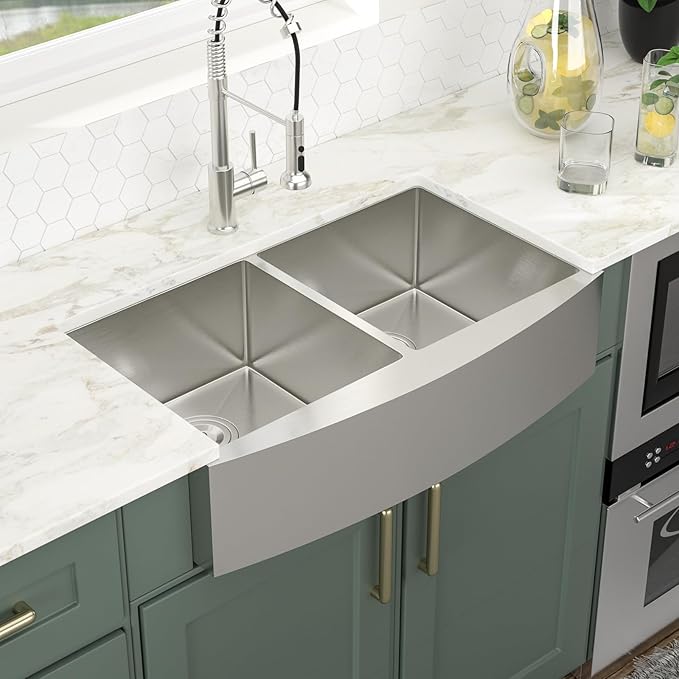 Logmey 33 inch Double Bowl Farmhouse Sink - 33x20 16 Gauge Stainless Steel Farm Sink Apron Front 50/50 Farm Kitchen Sinks
