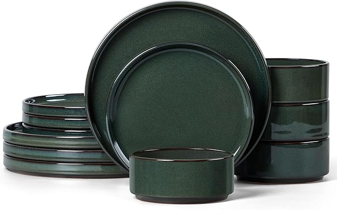 LIANYU Plates and Bowls Sets for 4, 12 Piece Stoneware Dinnerware Dishes Set, Ceramic Dinner Dishware for Pasta Dessert Cereal, Rustic Terracotta Bottom, Chip Resistant & Dishwasher Safe, Hunter Green
