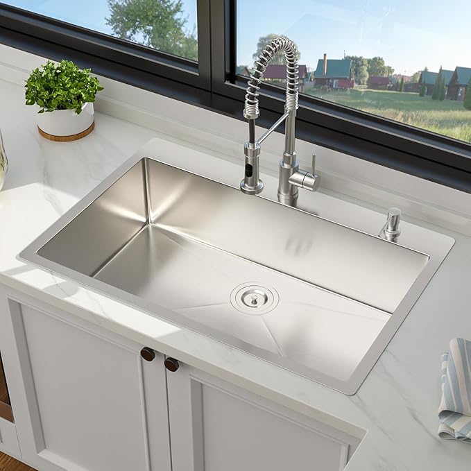 33 x 22 Drop In Kitchen Sink - 33 Inch Topmount Kitchen Sinks Stainless Steel 16 Gauge Single Bowl Above Counter Handmade Basin with Offset Drainer