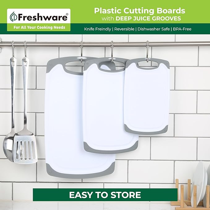 Freshware Cutting Boards for Kitchen, Chopping Board 3-Pack with Different Sizes, Juice Grooves and Non Slip Handles - Reversible, Large Cutting Board Set - Dishwasher Safe - Gray