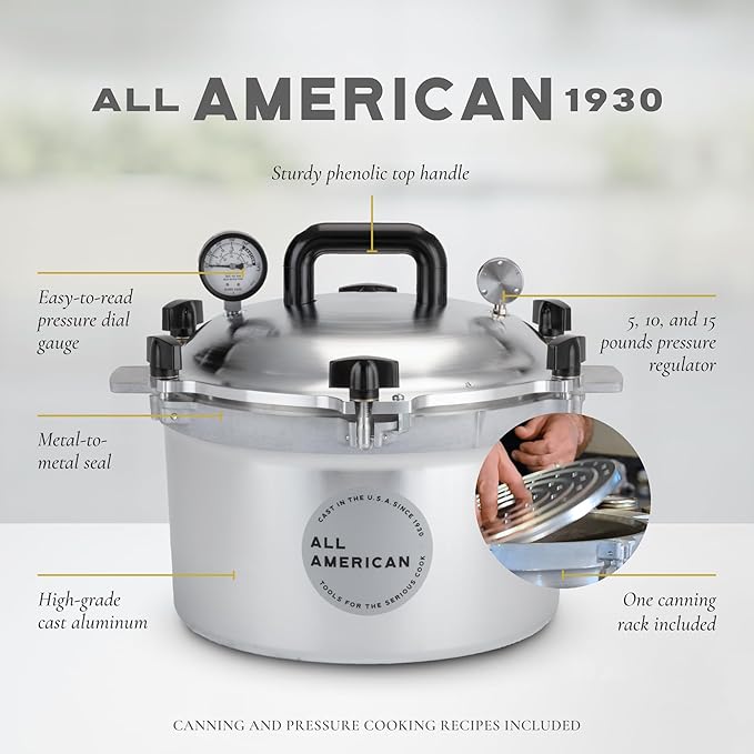 All American 1930: 15.5qt Pressure Cooker/Canner (The 915) - Exclusive Metal-to-Metal Sealing System - Easy to Open & Close - Suitable for Gas, Electric, or Flat Top Stoves - Made in the USA