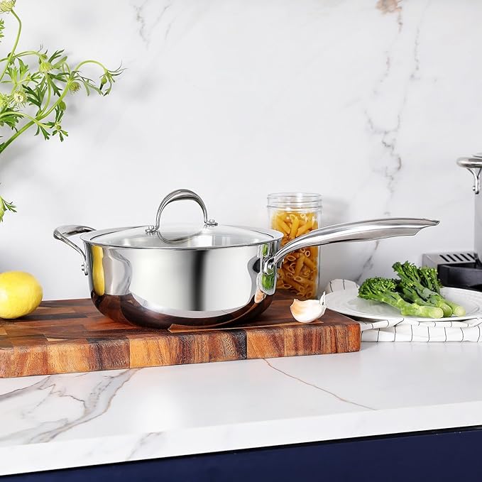 KEAWELL K3 Premium 4-Quart Tri-Ply Stainless Steel Sauté Pan with Lid, Induction & Oven Safe up to 600°F, Even Heating, Professional Cookware for All Stovetops (4-Qt)