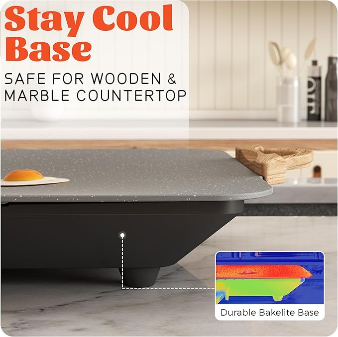 12x20inch Electric Griddle by BBQ Masters, 1700W Fast Even Heating, ILAG Granite Nonstick, Sloped Cooking Surface, Frameless Design for Easy Cleaning, Great for Family Gatherings, Grey