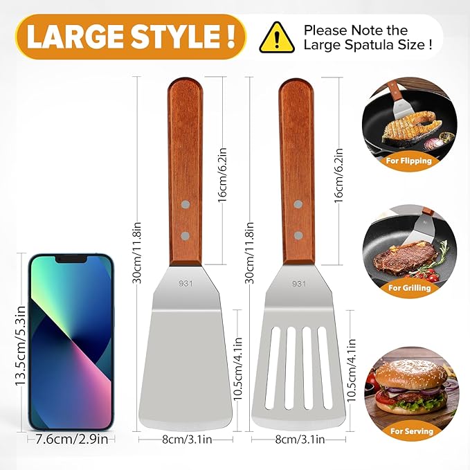 Metal Spatula Set for Kitchen Use,2Pcs Large Stainless Steel Spatulas for Cast Iron Skillet,Wood Handle Wok Flat Top Grill Griddle Spatula Turner Flipper Utensil Set for Burgers Pancake Egg Fish BBQ
