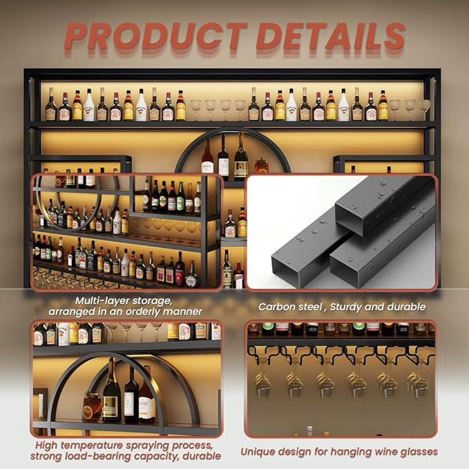 63" Wall Mounted Wine Rack with LED Light, 4 Tiers Bottle & Glass Holder, Metal Retro Wine Stand, Liquor Bottles Display Wall Storage Organizer, for Kitchen Dining Room Home Bar,63x8x51 inch