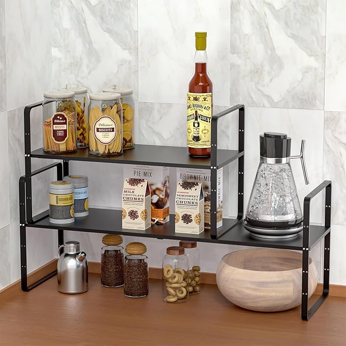 Redrubbit Expandable Cabinet Shelf Organizers, Stackable Kitchen Counter Shelves Spice Rack for Kitchen Bathroom Pantry Cupboard Desk Home Office, Metal Plate Heavy Duty Nonslip Black, Set of 2