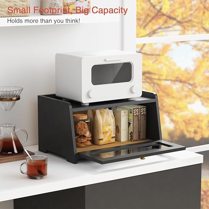 Black Bread Box for Kitchen Countertop, Vintage Wooden Counter Breadbox, Homemade Bread Storage Container for Sourdough Loaf, Small Farmhouse Corner Kitchen Countertop Organizer for Cabinet