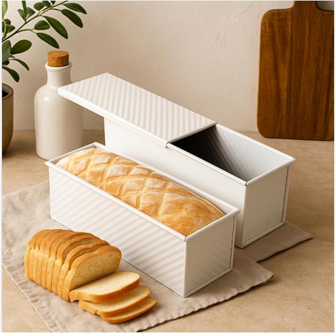 2-Pack Beige Pullman Loaf Pan with Lid, Long Nonstick Bread Pan for Toast & Sandwich Bread, Cream White Nonstick Loaf Pan, 3 Vented Holes & Ridged Design, Great for Baking Lovers and Home Use