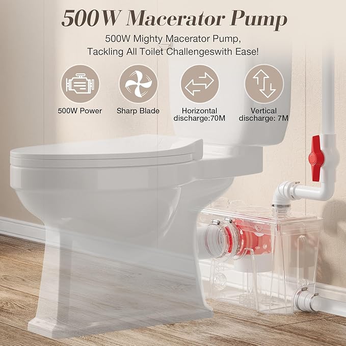 500Watt Upflush Toilet with Bidet Sprayer- Macerating Toilet withToilet Bowl,Toilet Tank and Macerator Pump with 4 Water Inltes for Kitchen Sink, Bathroom, Laundry