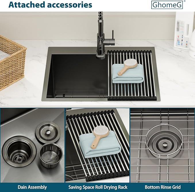 25 Inch Deep Drop In Laundry Sink - Ghomeg 25x22x13 Inch Black Laundry Utility Sink Drop In Topmount Single Bowl 16 Gauge Stainless Steel Above Counter Kitchen Laundry Room Sinks