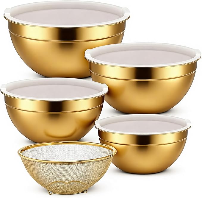 SHENLIU 5 Pcs Gold Mixing Bowls with Airtight Lids, Stainless Steel Mixing Bowl with Colander Metal Nesting Organizers for Kitchen Prepping Serving Food, Non-slip Bottom Size 5.5, 3.6, 2.7, 2.1Qt
