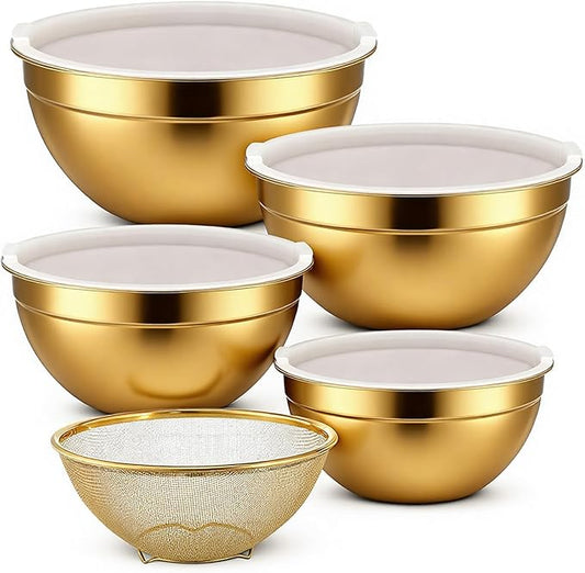 SHENLIU 5 Pcs Gold Mixing Bowls with Airtight Lids, Stainless Steel Mixing Bowl with Colander Metal Nesting Organizers for Kitchen Prepping Serving Food, Non-slip Bottom Size 5.5, 3.6, 2.7, 2.1Qt