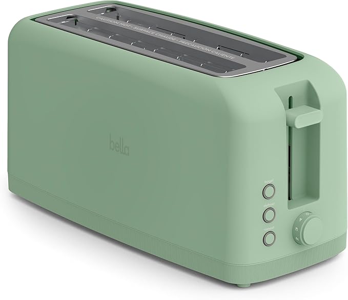 bella 4 Slice Slim Toaster, Fits-anywhere™ Kitchenware, 6 Setting Shade Control with Reheat & Cancel Buttons, Fits Sourdough, 10” Long Slot, Anti Jam & Auto Shutoff, 900 Watt, Seaglass
