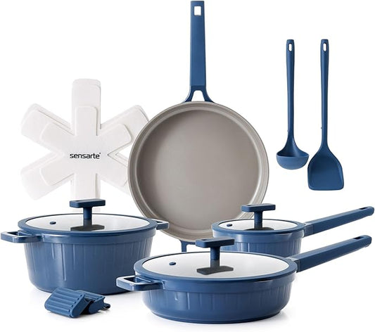 SENSARTE Ceramic Cookware Set Non-toxic 14 Pcs, Nonstick Pots and Pans Set, Dishwasher Safe Induction Cookware, Healthy Kitchen Cooking Set, PFOA/PFAS/PTFE Free
