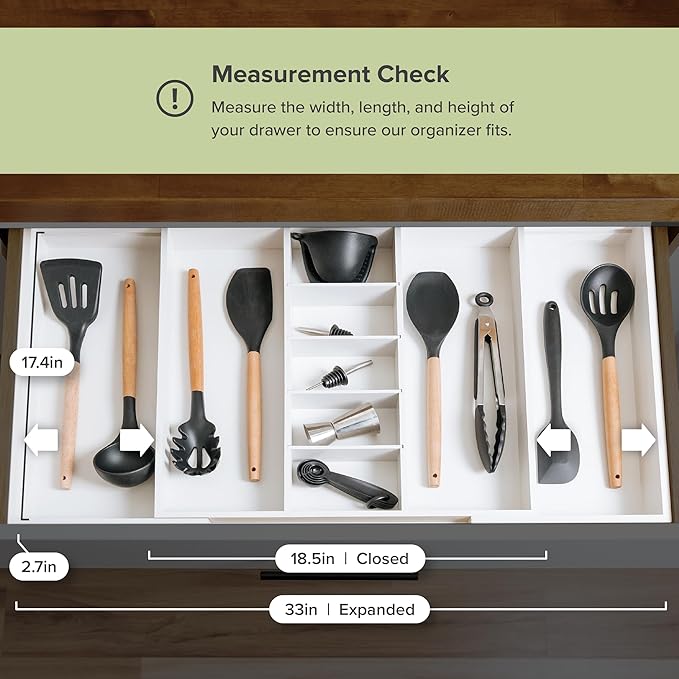 KitchenEdge Adjustable Kitchen Drawer Organizer for Utensils and Junk, Food-Safe Contract Grade with 100% Sustainable Wood, Expandable from 19 to 33 Inches Wide - White Bamboo
