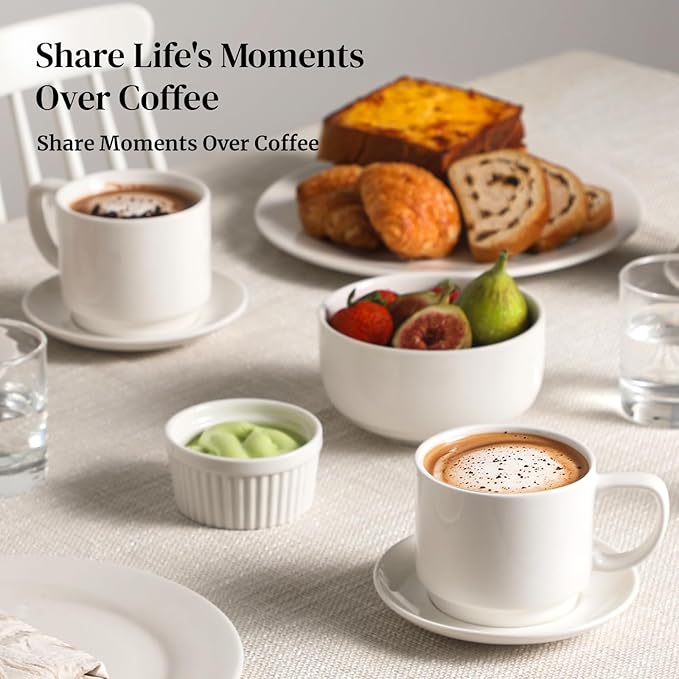 DOWAN 12oz Coffee Mugs, Cappuccino Cup and Saucer Set of 4, White Ceramic Coffee Cups for Latte/Tea/Milk, Tea Cups for Use in Office, Home and Cafes, Microwave Safe