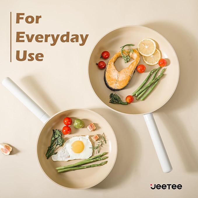 JEETEE Ceramic Cookware Sets 17pcs, Pots and Pans Set Non Stick, Healthy Induction Kitchen Cooking Set with Removable Handles, Stackable Pots Pans, Oven Safe, PFOA/PFOS Free, Beige