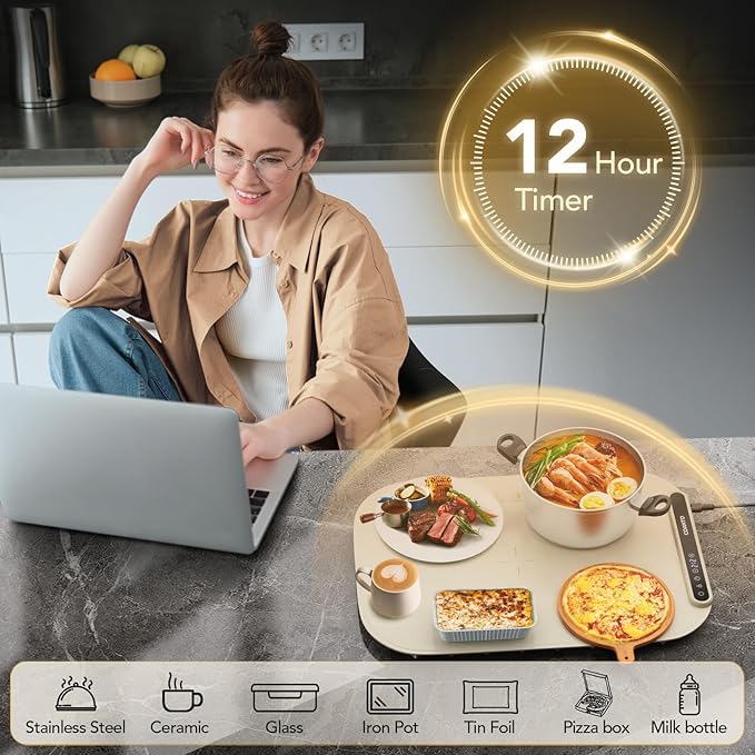 Coanto Food Warming Mat, Electric Warming Tray for Buffets & Parties, Silicone Heating Mat with 7 Temperature Settings, Roll-Up Storage, 17.91"x12.8", Beige