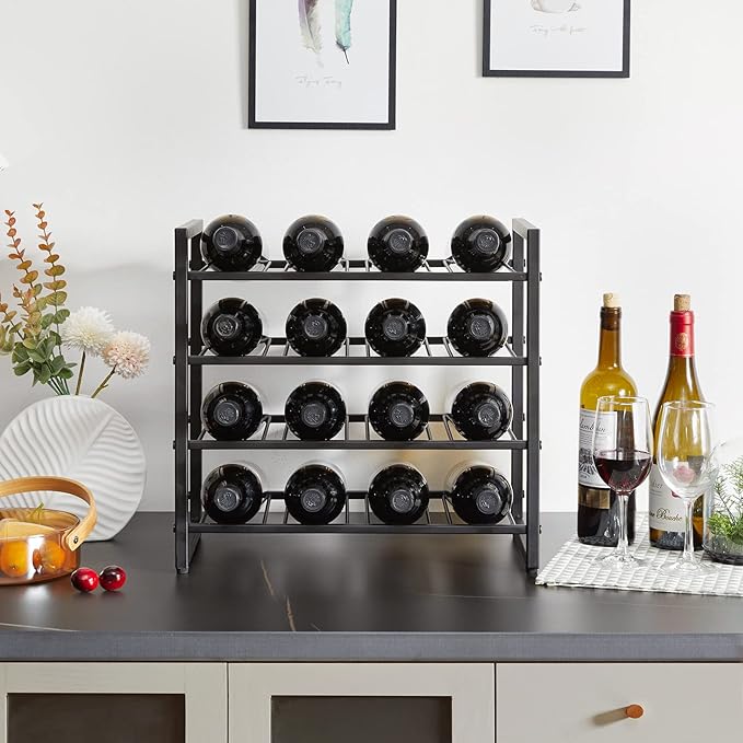 IBUYKE Wine Racks Countertop, 4 Tiers Metal Wine Rack,Wine Rack Freestanding Storage 16 Bottle Capacity, for Home Kitchen, Pantry, Wine Cellar, Bar, Black UTMJ903H